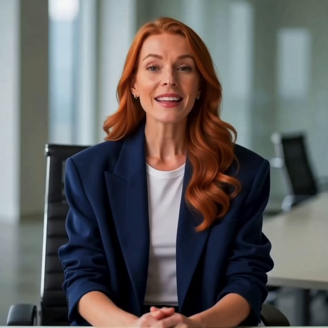 Mara, the AI receptionist, smiling mid-greeting in a navy blazer