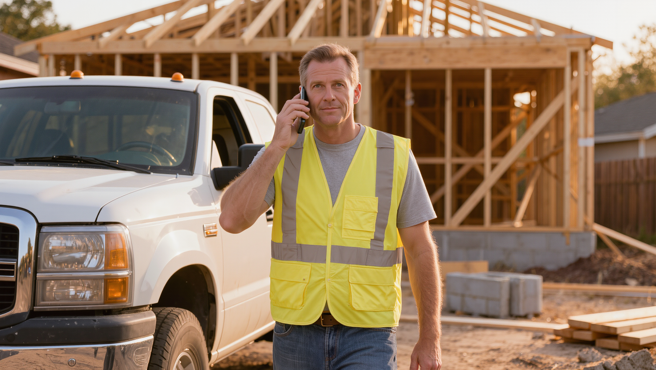 Contractor in a safety vest taking a phone call beside his truck at a job site