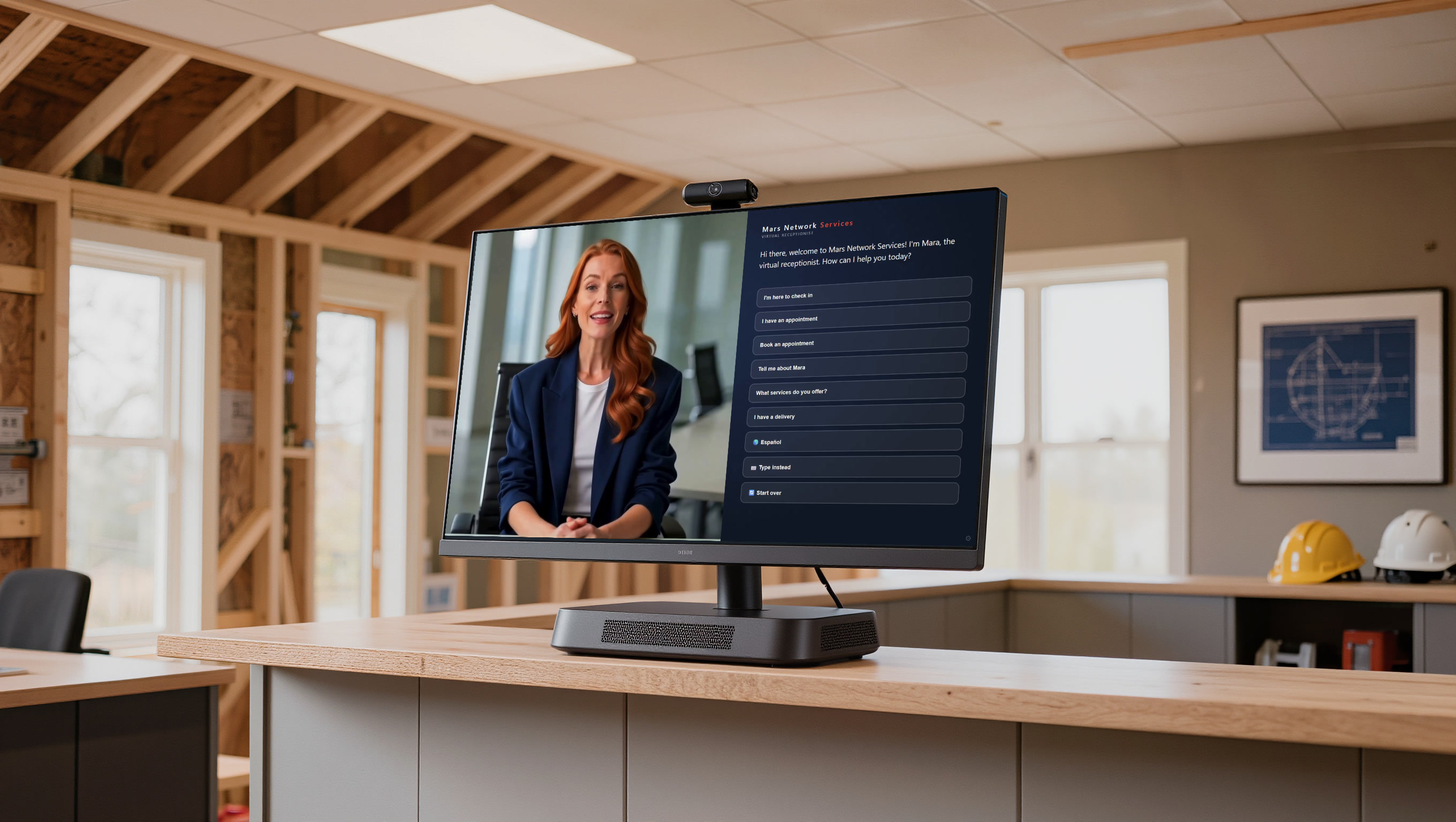 Mara kiosk on the front counter of a contractor's office showing the greeting screen
