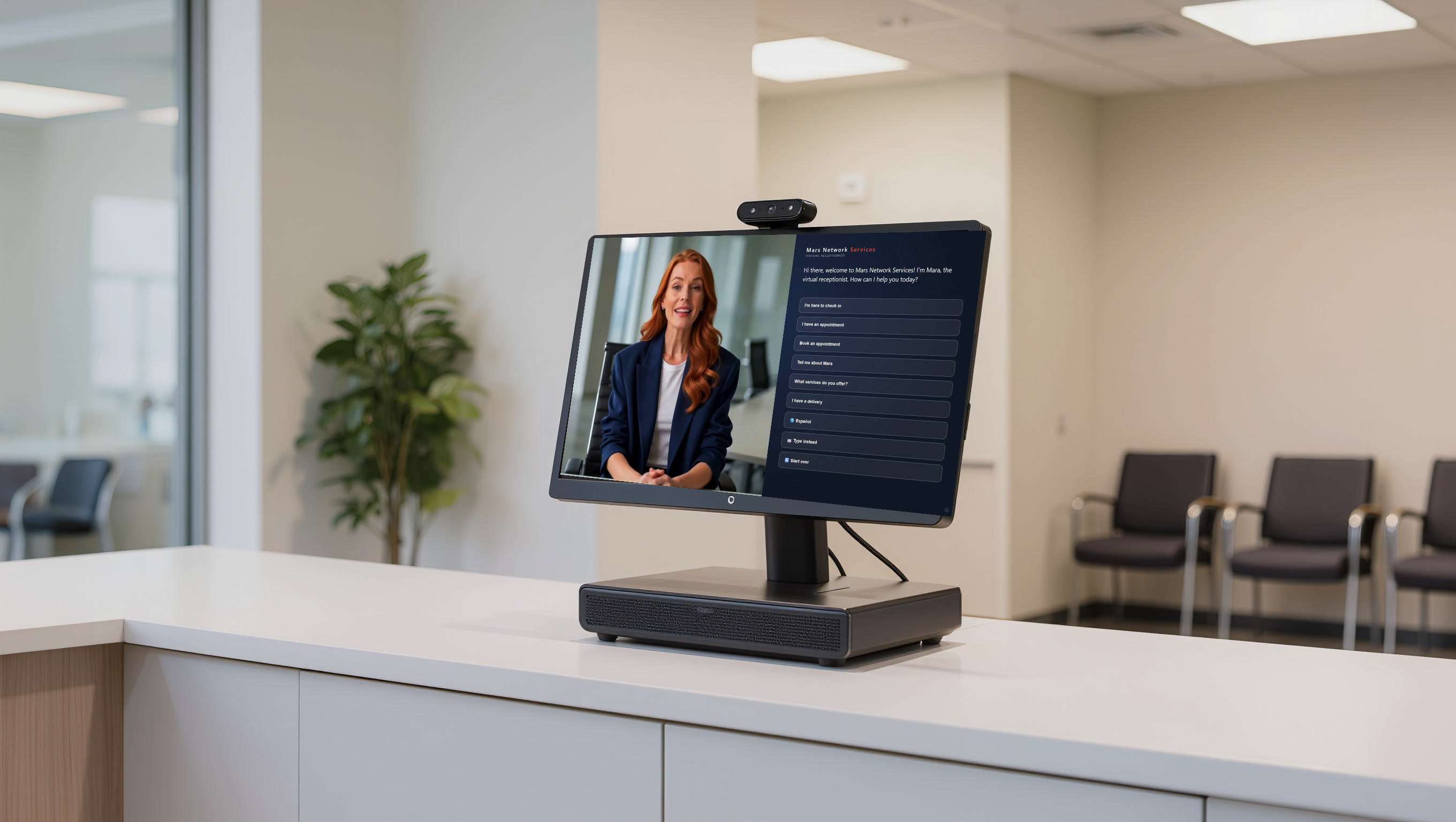 Mara kiosk on a dental office reception counter showing the greeting screen