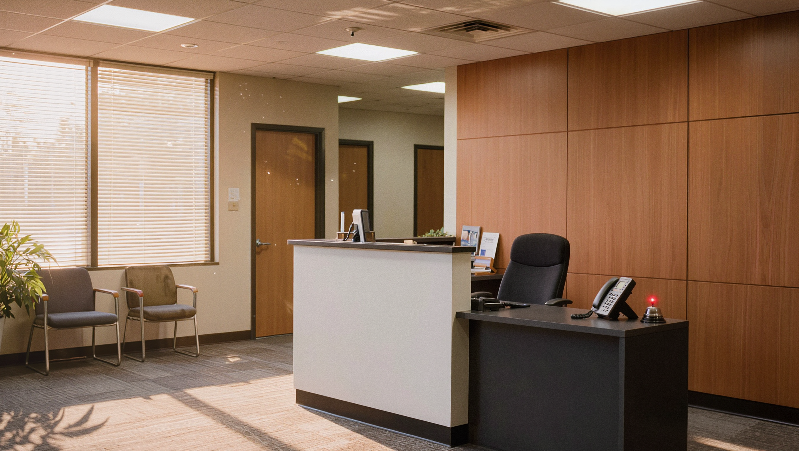 Empty reception desk in a small office waiting room