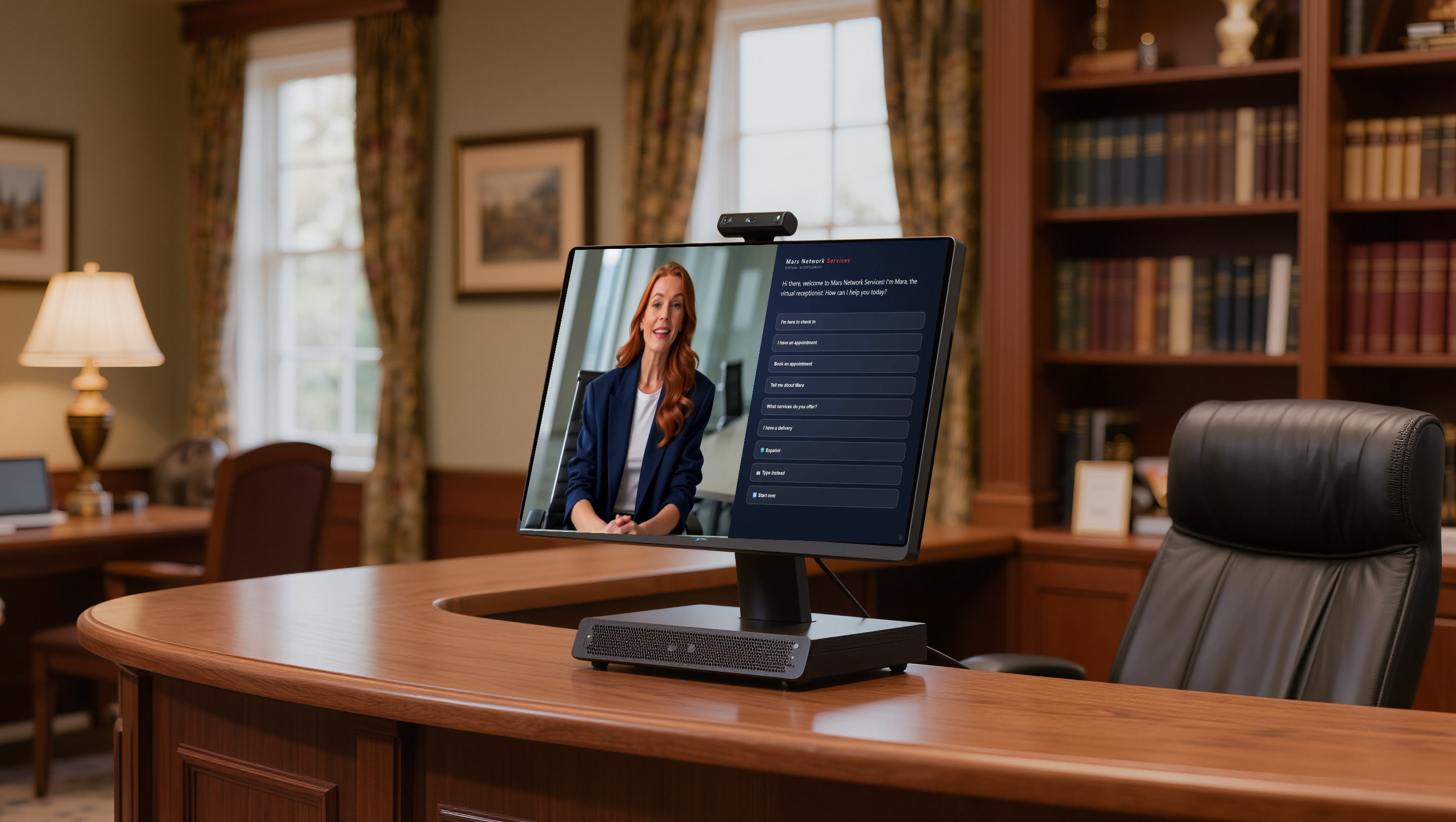 Mara kiosk on a wooden desk in a law office showing the greeting screen