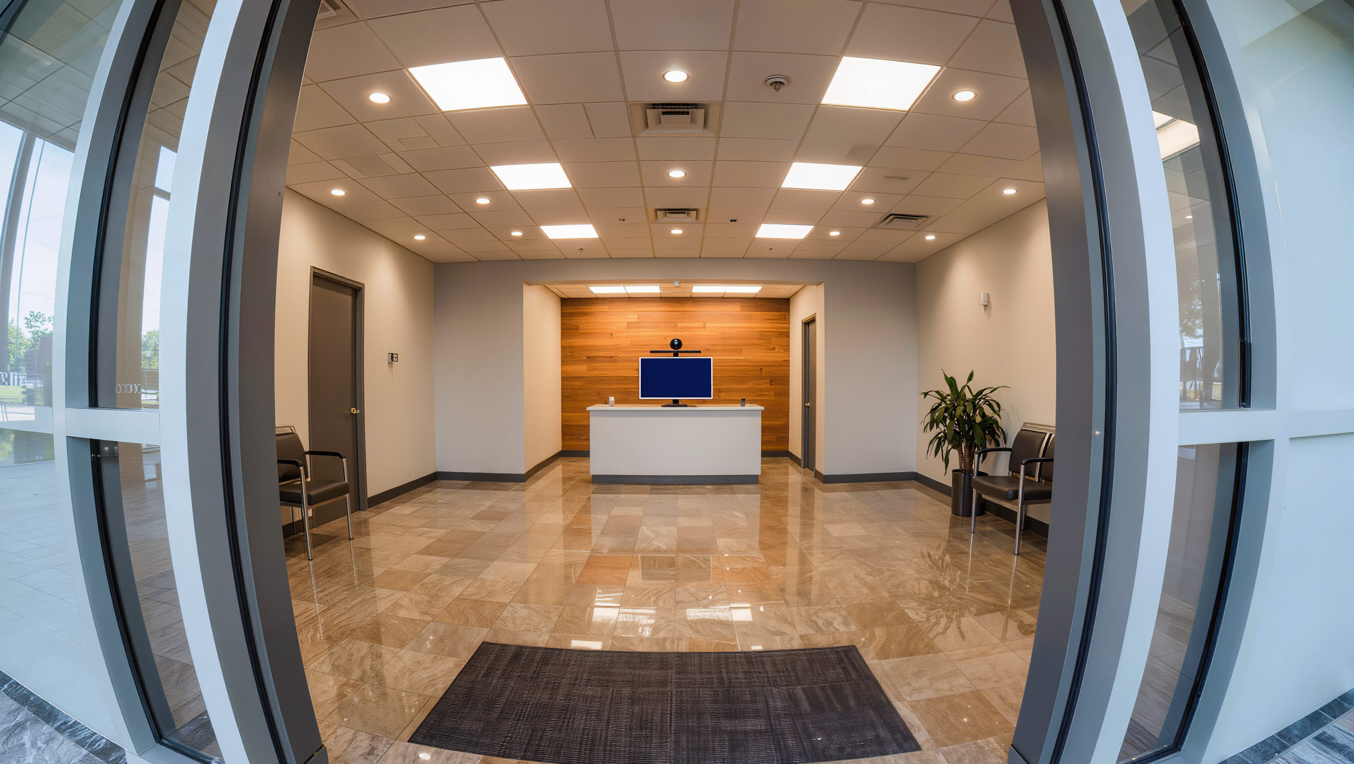 Wide view of an office lobby from the entrance with the Mara kiosk on the far counter