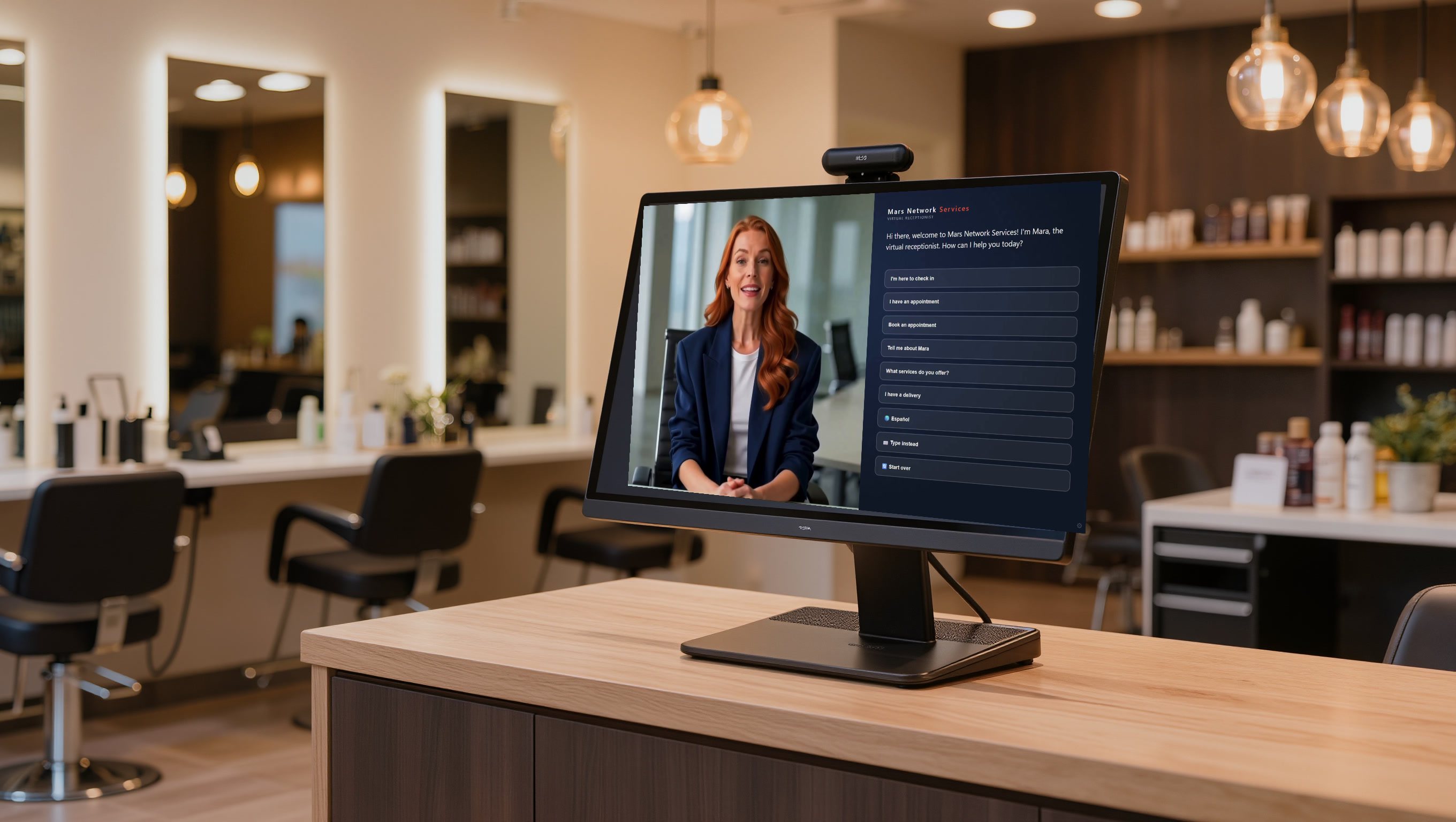 Mara kiosk on a salon front desk showing the greeting screen