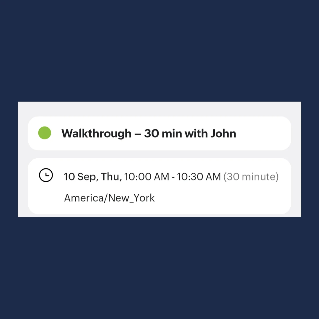 Calendar event for a 30-minute walkthrough that Mara booked, shown on navy
