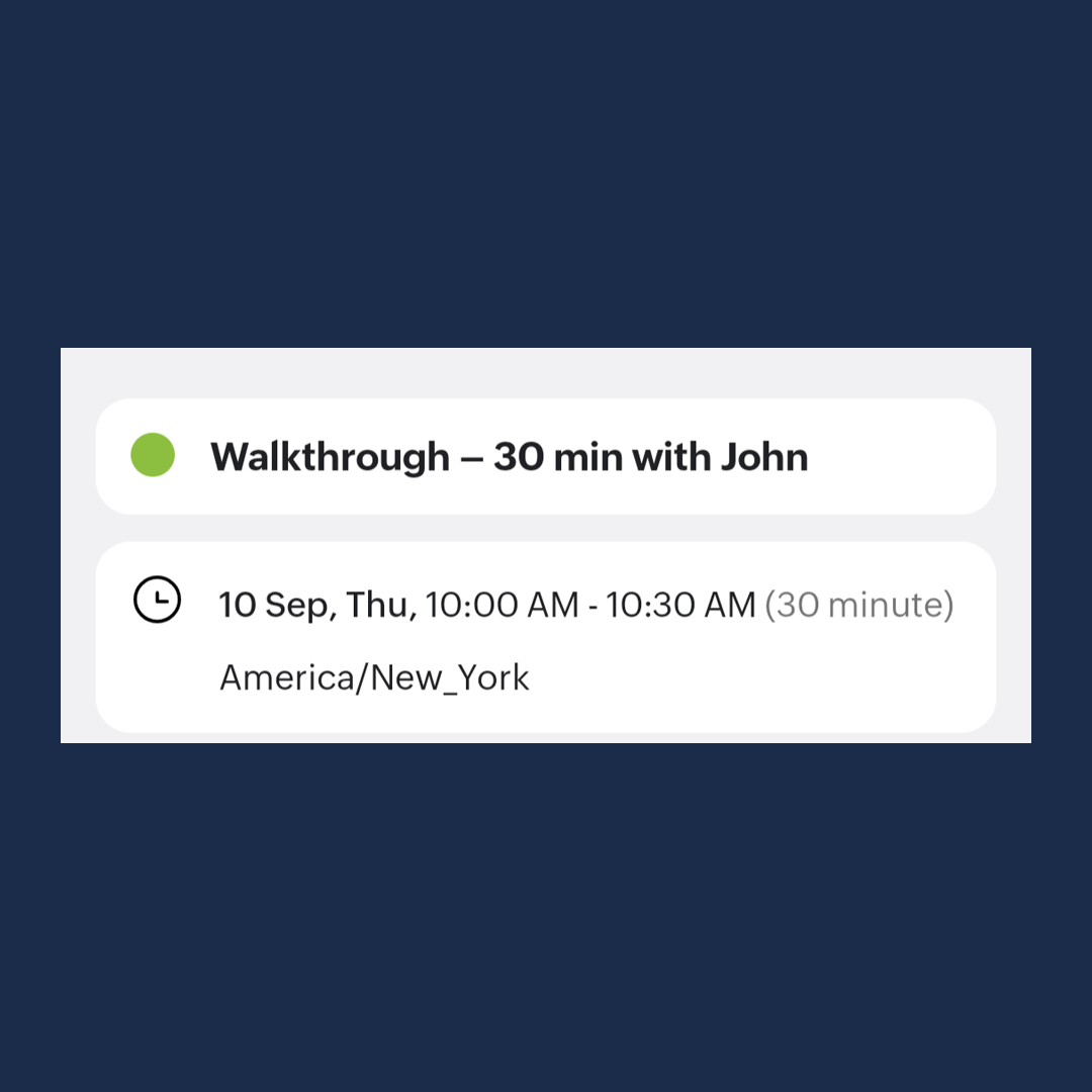 Calendar event for a 30-minute walkthrough that Mara booked, shown on navy