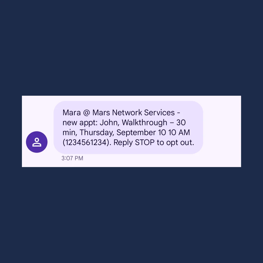 Text message to the team from Mara announcing a new appointment