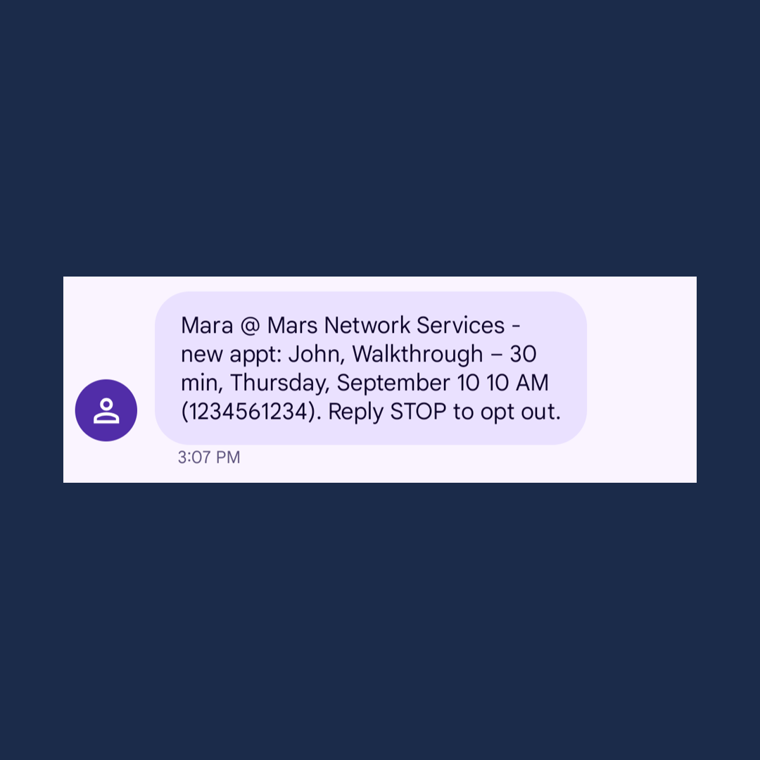 Text message to the team from Mara announcing a new appointment