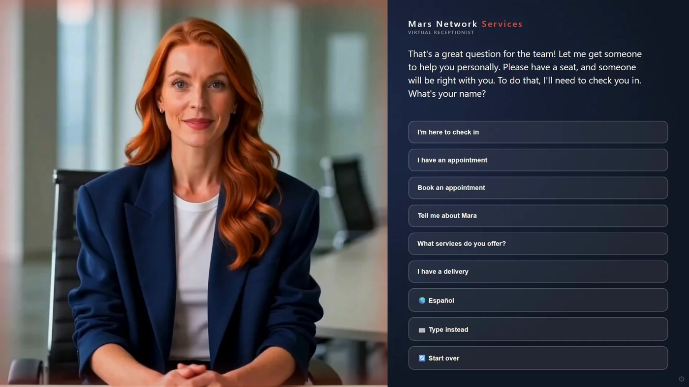 Mara kiosk screen where Mara says she will get a person from the team to help