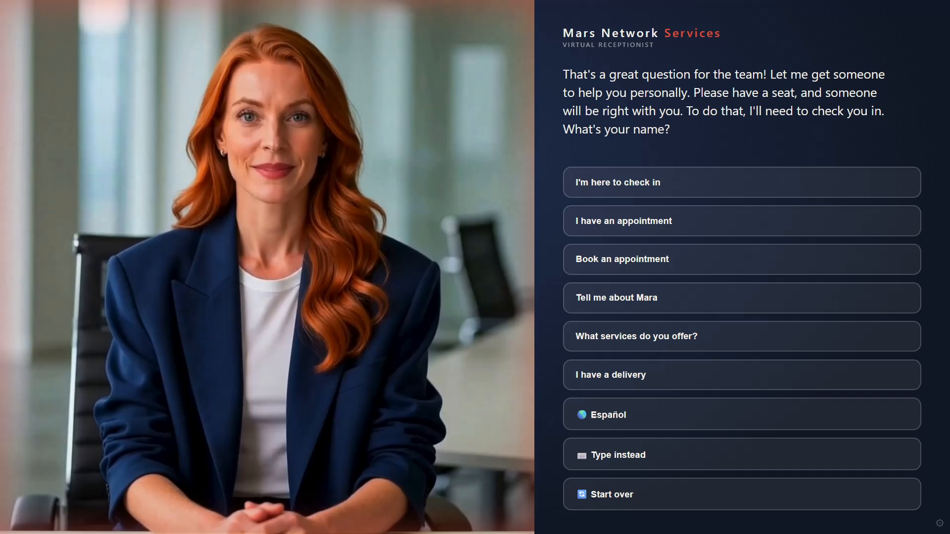 Mara kiosk screen where Mara says she will get a person from the team to help